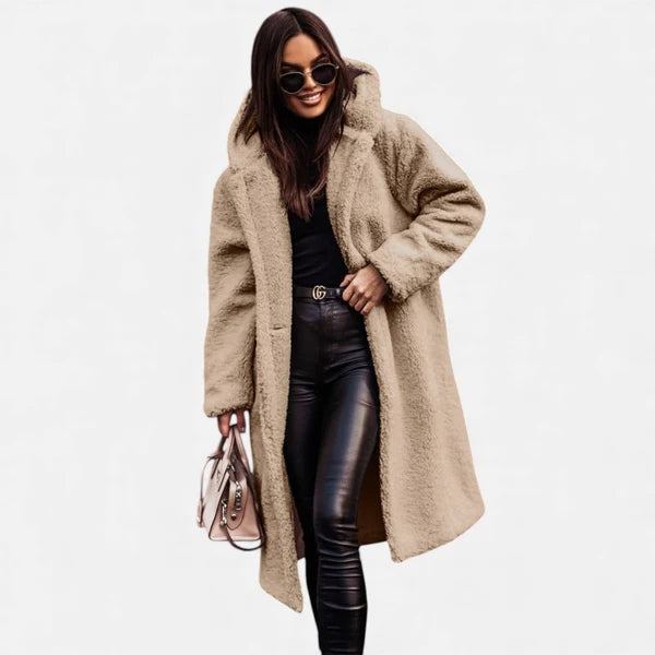 Women’s Longline Plush Faux-Fleece Coat with Tailored Fit
