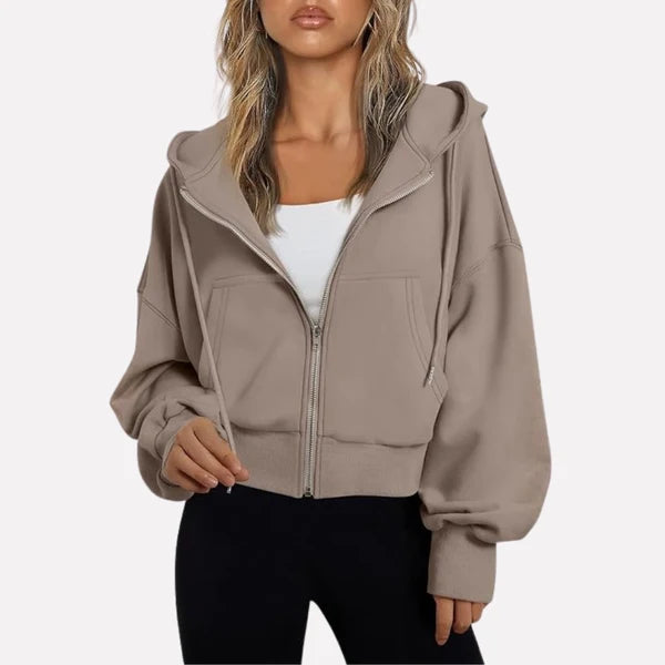 Women’s Cropped Zip-Up Hooded Jacket with Drawstring Detail