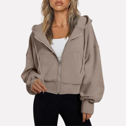 Women’s Cropped Zip-Up Hooded Jacket with Drawstring Detail