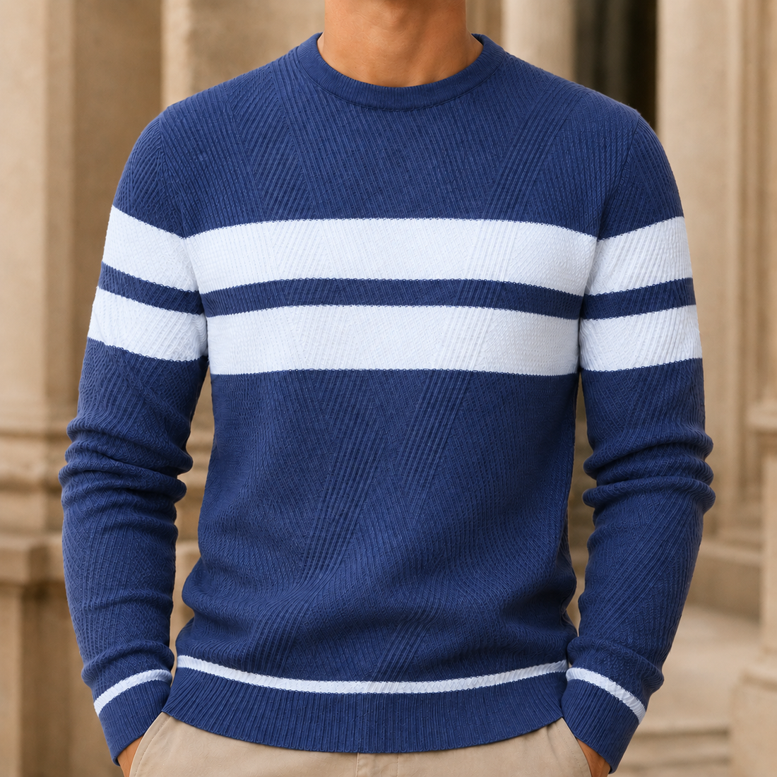 Men’s Textured Geometric Stripe Crewneck Sweater