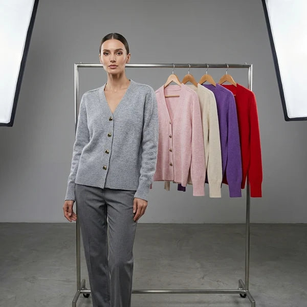 Women’s Relaxed V-Neck Knit Cardigan with Decorative Button Front