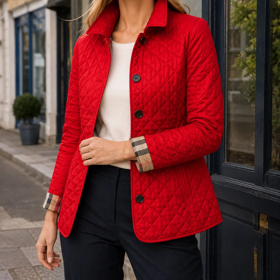 Women’s Diamond Quilted Jacket with Checked Turn-Back Cuffs
