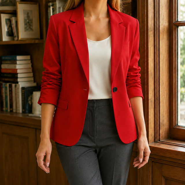 Women’s Hip-Length Blazer with Ruched Three-Quarter Sleeves