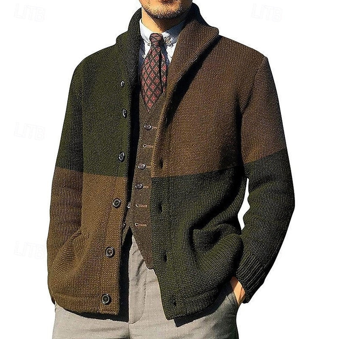 Men’s Color-Block Shawl Collar Button-Front Cardigan