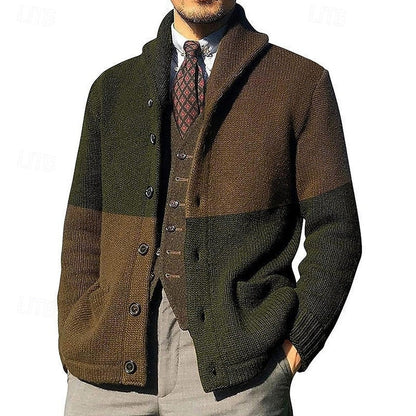 Men’s Color-Block Shawl Collar Button-Front Cardigan