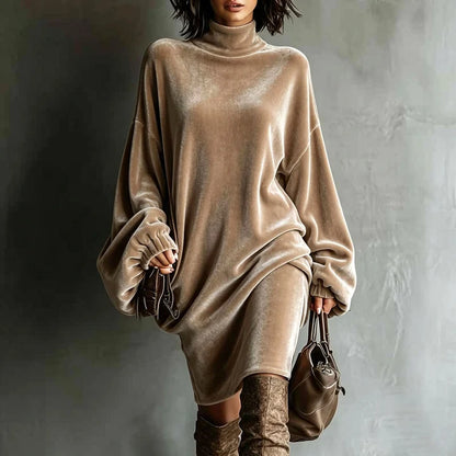 Women's Oversized Velvet Dress with Batwing Sleeves and Mock Neck
