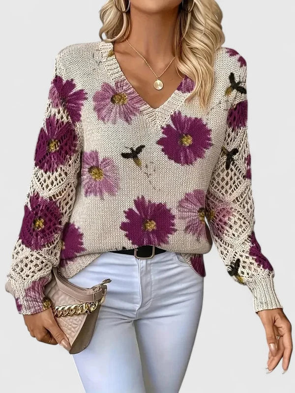 Women’s Printed V-Neck Openwork Sleeve Relaxed Knit Sweater