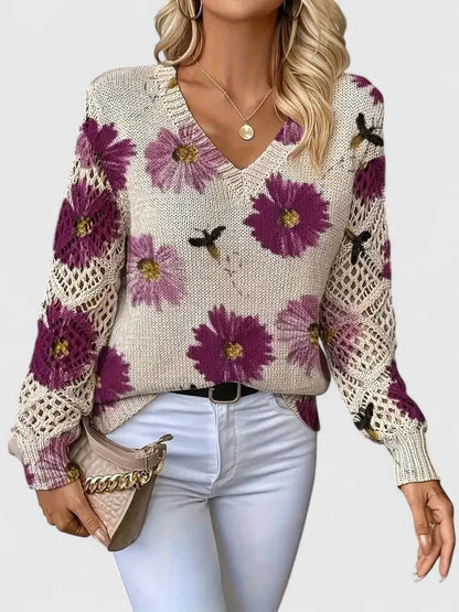 Women’s Printed V-Neck Openwork Sleeve Relaxed Knit Sweater