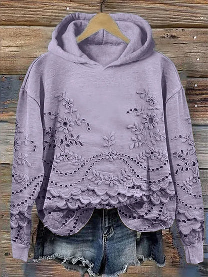 Women’s Floral Eyelet Scalloped Hem Pullover Hoodie