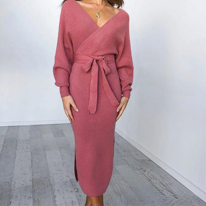 Women's Belted Wrap Knit Midi Dress with Batwing Sleeves