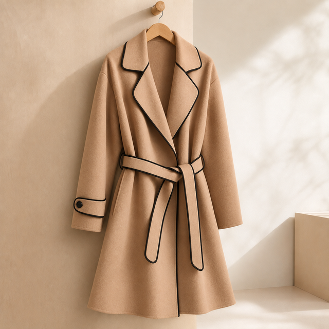 Women’s Soft Cashmere Wrap Coat with Contrast Piping