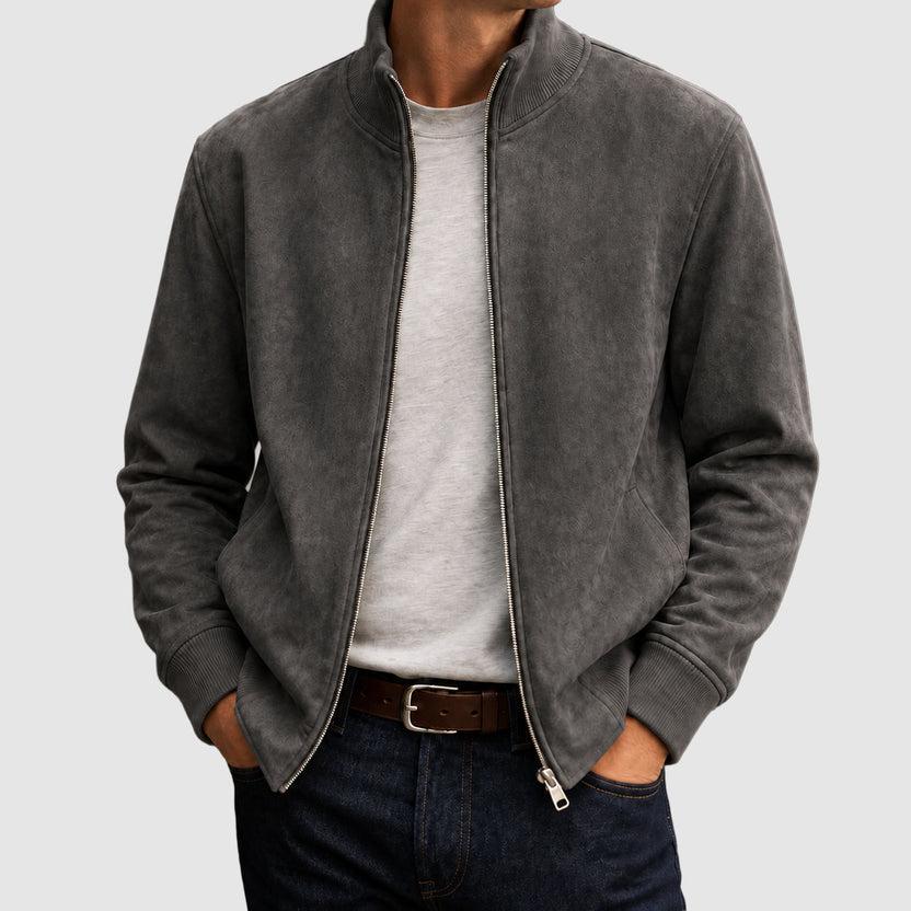 Men’s Suede-Style Zip Jacket with Ribbed Trim