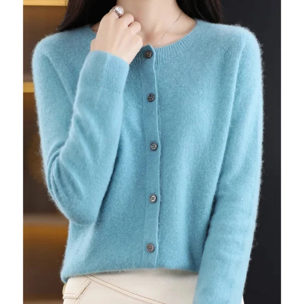 Women’s Merino Wool Cashmere Blend O-Neck Button Cardigan