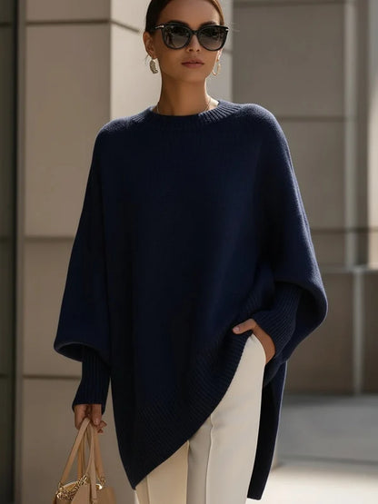 Women’s Oversized Draped Crew Neck Knit Sweater with Ribbed Cuffs