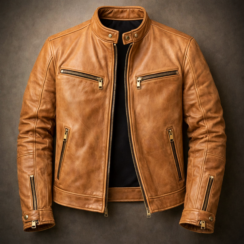 Men’s Distressed Leather Moto Jacket with Zip Pockets
