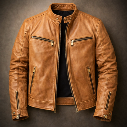 Men’s Distressed Leather Moto Jacket with Zip Pockets
