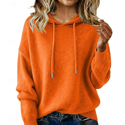 Women’s Relaxed Drawstring Hooded Knit Pullover with Ribbed Trim
