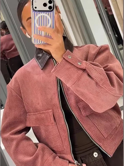 Women’s Cropped Textured Bomber Jacket with Zip Front and Sleeve Details
