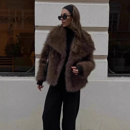 Women’s Plush Faux Fur Short Coat with Statement Collar