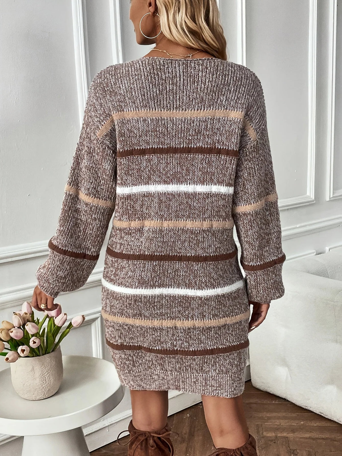 Women's Striped Knit Sweater Dress with Relaxed Drop-Shoulder Sleeves