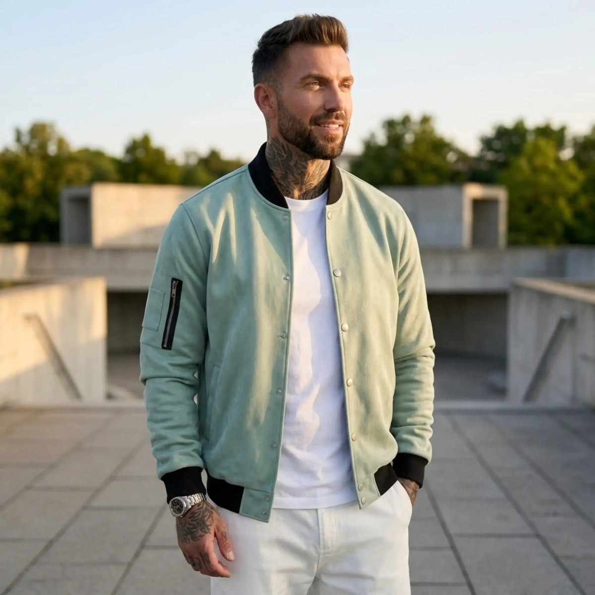 Men’s Suede-Texture Stand Collar Button-Up Jacket