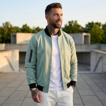 Men’s Suede-Texture Stand Collar Button-Up Jacket