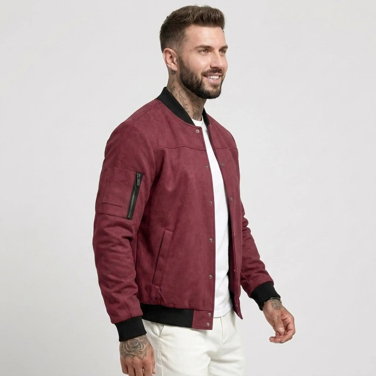 Men’s Suede-Texture Stand Collar Button-Up Jacket