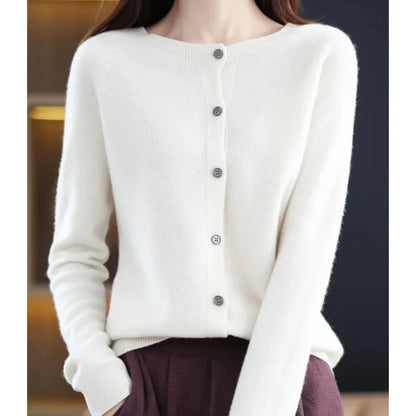 Women’s Merino Wool Cashmere Blend O-Neck Button Cardigan