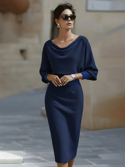 Women's Ribbed Midi Dress with Draped Cowl Neck and Batwing Sleeves