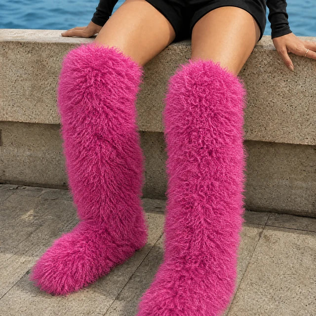 Women’s Thigh-High Shaggy Boots with Plush Curly Texture