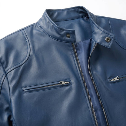 Men’s Stand-Collar Leather Moto Jacket with Zip Pockets