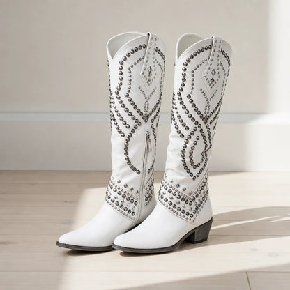 Women’s Studded Knee-High Western Boots with Pointed Toe