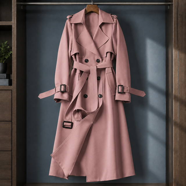 Long Flared Double-Breasted Belted Overcoat