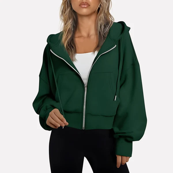 Women’s Cropped Zip-Up Hooded Jacket with Drawstring Detail