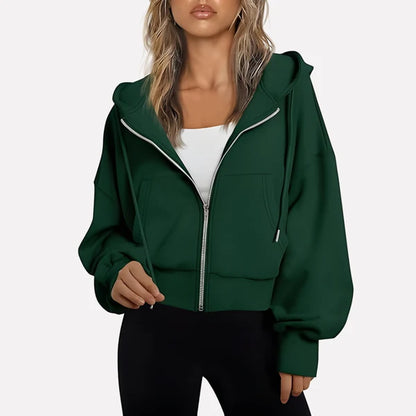 Women’s Cropped Zip-Up Hooded Jacket with Drawstring Detail