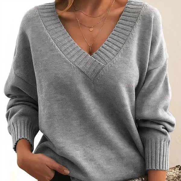 Women’s Cashmere Deep V-Neck Relaxed Sweater with Balloon Sleeves