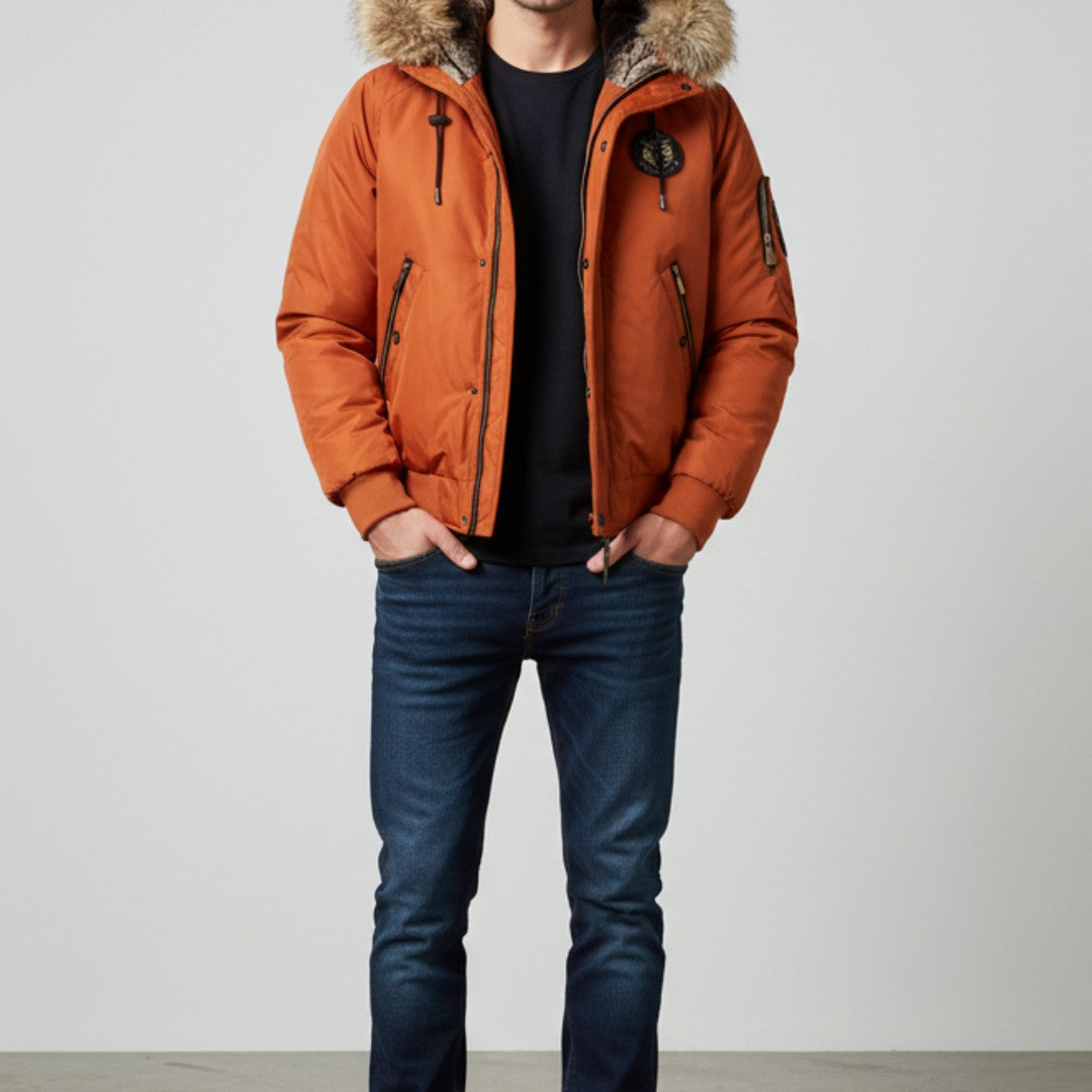 Men’s Quilted Bomber Jacket with Faux Fur-Trimmed Hood