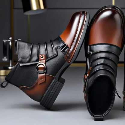 Men’s Leather Ankle Boots with Layered Fold and Buckle Detail