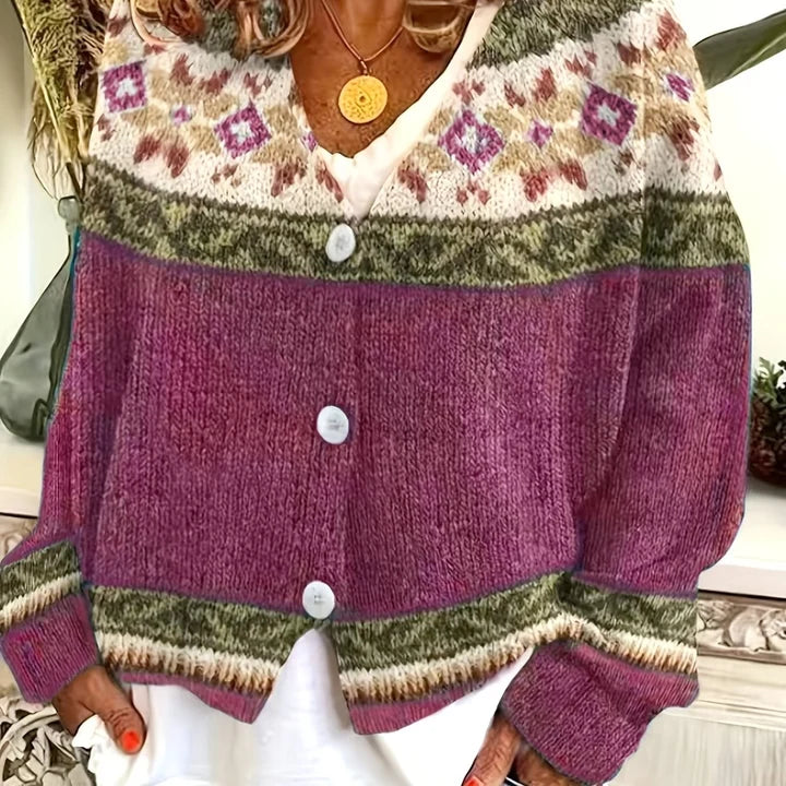 Women’s Fair Isle-Inspired Yoke V-Neck Button-Front Knit Cardigan