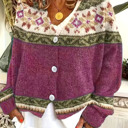 Women’s Fair Isle-Inspired Yoke V-Neck Button-Front Knit Cardigan