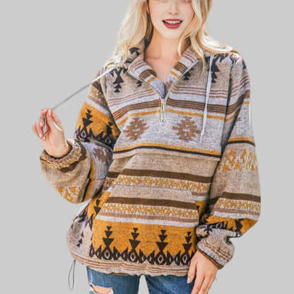 Women’s Geometric Pattern Half-Zip Hooded Pullover with Front Pocket
