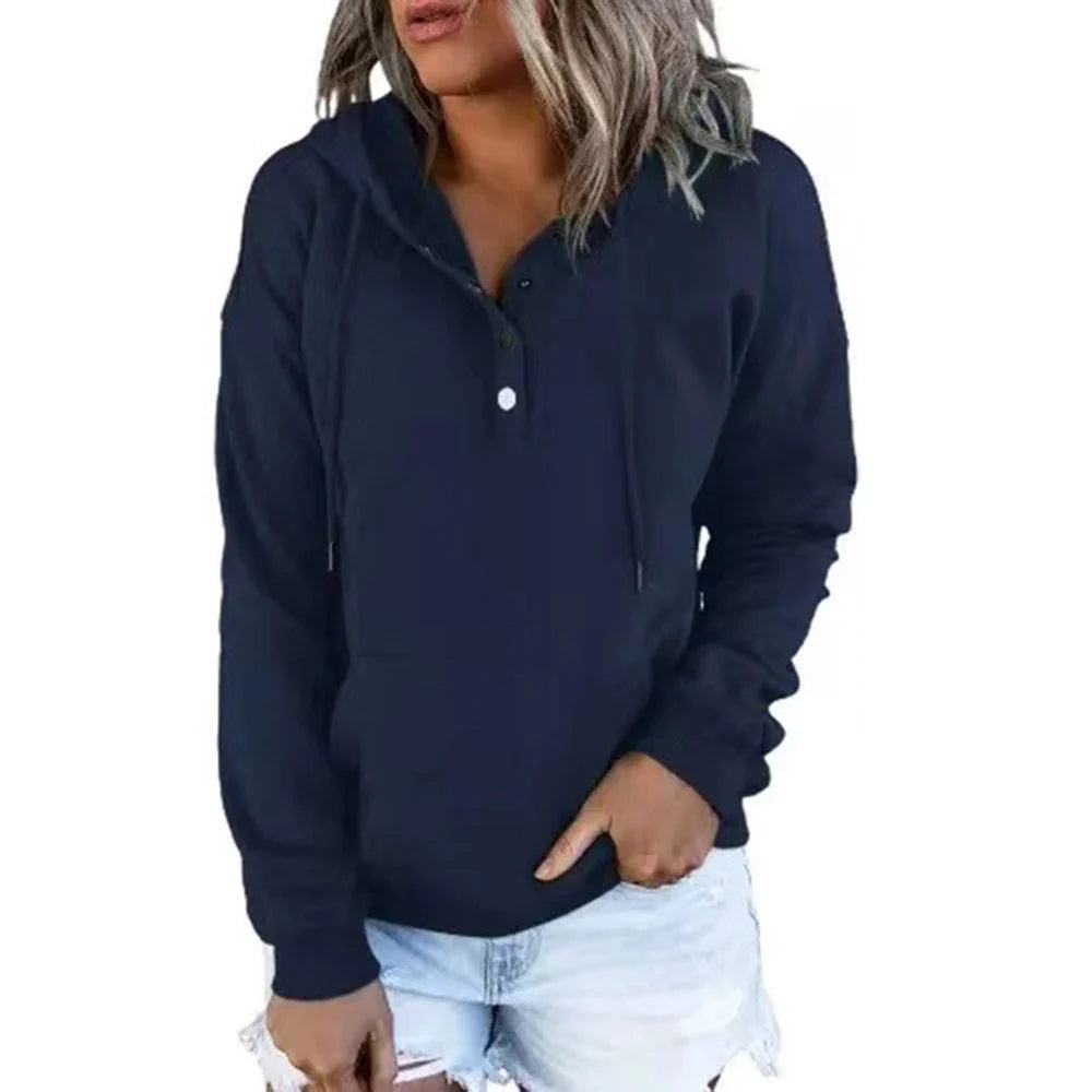 Women’s Relaxed Button-Placket Hooded Pullover with Kangaroo Pocket