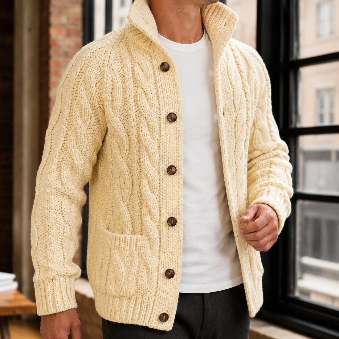 Men’s Chunky Braided Cable Knit Button Sweater