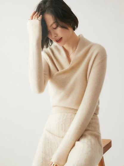Women’s Crossover Neck Slim-Fit Knit Sweater with Ribbed Trim