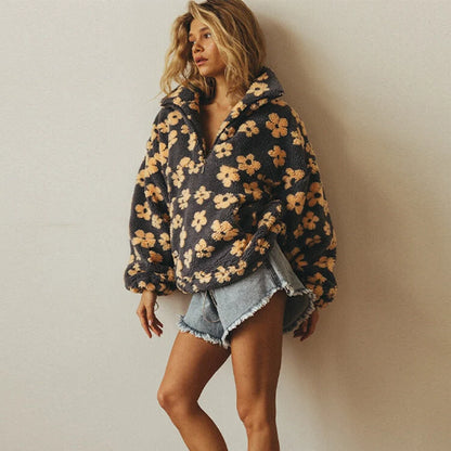 Women’s Floral Print Stand Collar Quarter-Zip Sweater
