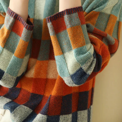 Women’s Oversized Multicolor Plaid Pattern Knit Sweater