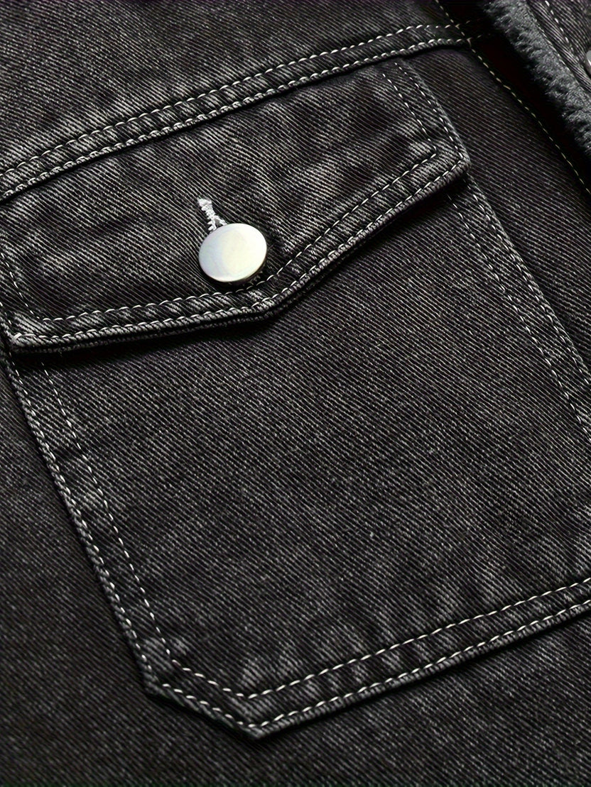 Men’s Fleece-Lined Washed Denim Jacket with Lapel Collar