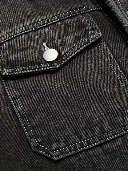 Men’s Fleece-Lined Washed Denim Jacket with Lapel Collar