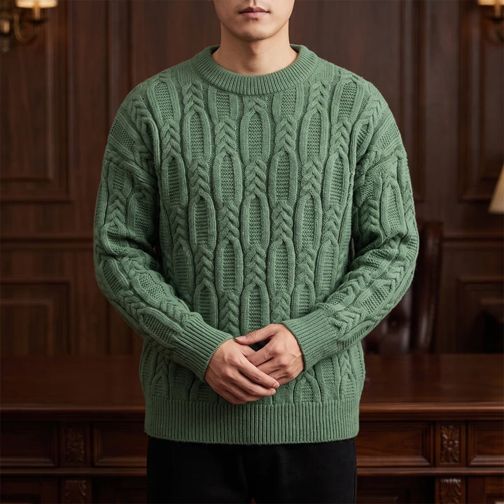 Textured Cable Knit Relaxed Crew Neck Sweater