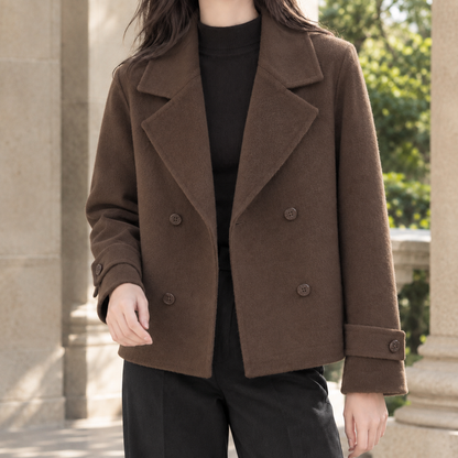Women’s Cropped Wool Double-Breasted Jacket with Notched Lapels